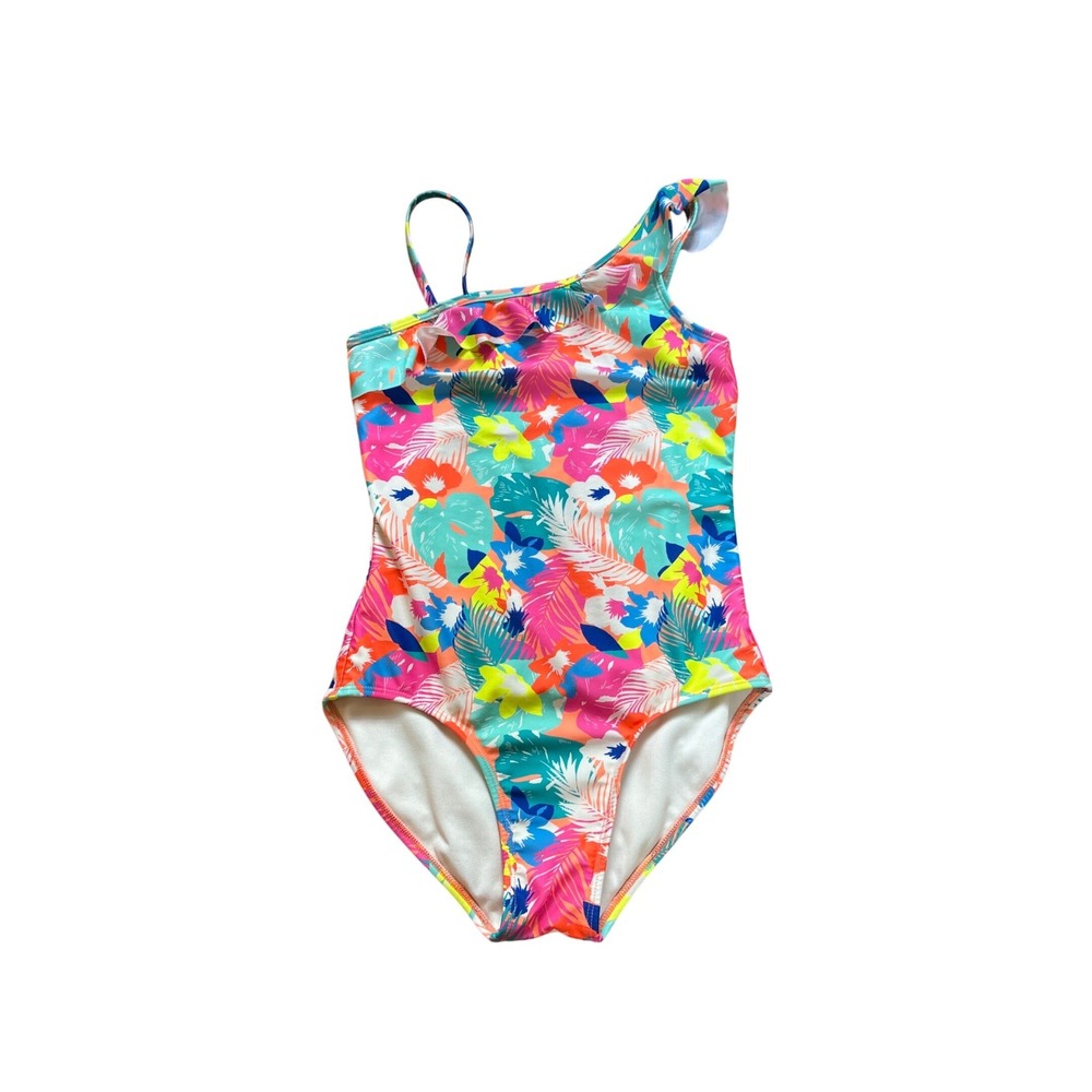 Cat & Jack Swimsuit Kids Multicolor Tropical One Shoulder Ruffle‎ SIZE L 10/12